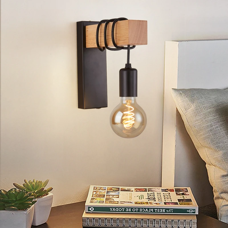 Applique murale en fer et bois E27, design nordique moderne