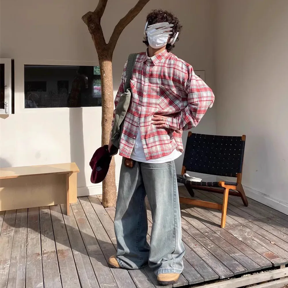 Men's Y2K Vintage Spring Autumn Long Sleeve Tops Plaid Shirts T-Shirt Coat Streetwear Men Cardigan Japanese Style Korean Clothes