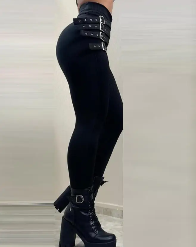 Women's Tight Versatile Trouser Solid Color Trend Streetpants New Summer Latest High Belt Buckle Decorative Fashion Casual Pant