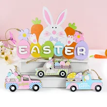 

Easter Wooden Letter Hanging Oranments Bunny Party Welcome To Joy Easter Day Colorful Eggs Carrot Rabbit Wood Pendant Door Decor