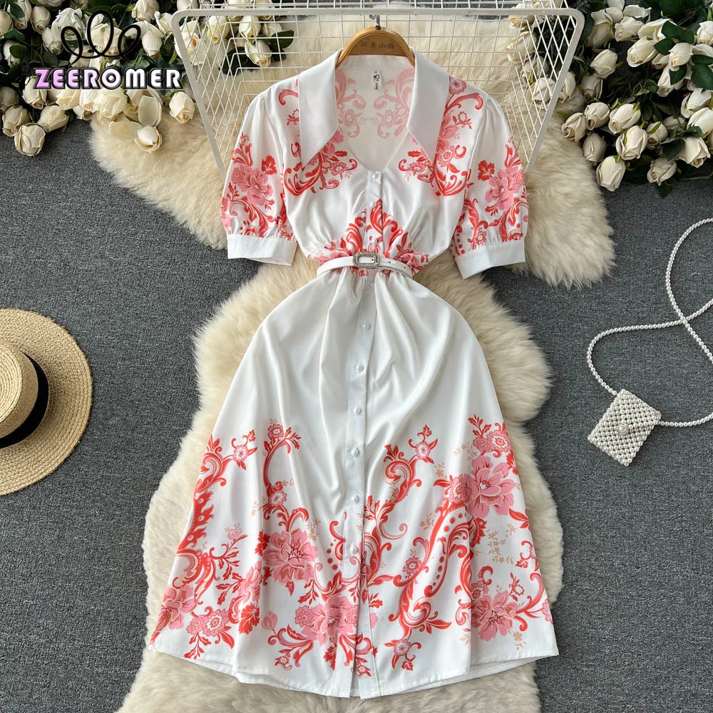 

2022 Summer Elegant Print Shirt Dress Women V Neck Short Sleeve Single Breasted Party Robe Lady Fashion Office Casual Midi Dress