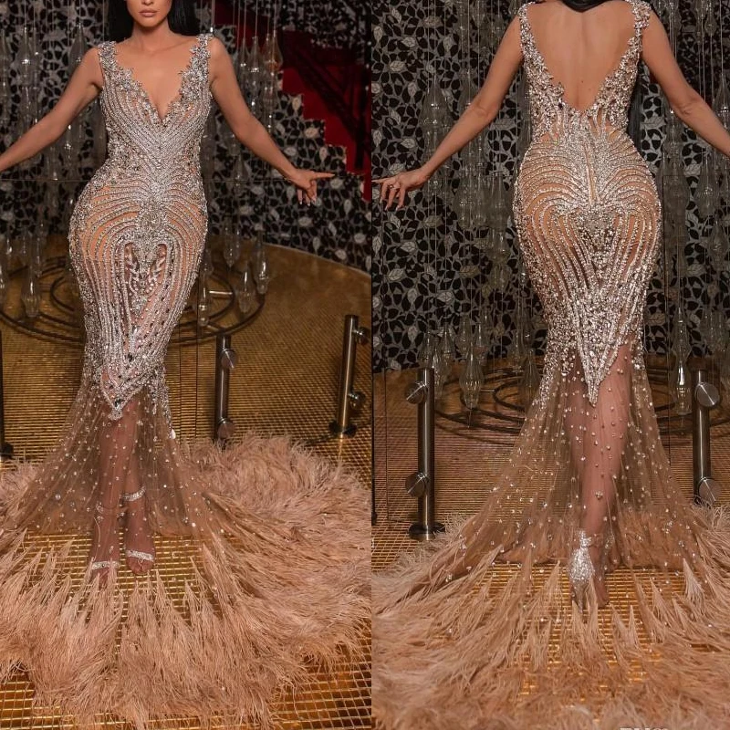 Mermaid Prom Gowns 2022 Spaghetti Strap Deep V-neck Sparkly Beaded Feather Evening Dress Formal for Womens Robe De Soirée |