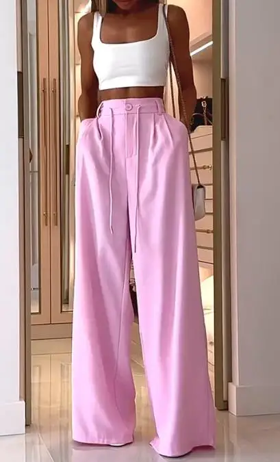 

Female Clothing White Vest & Pink Loose Trousers Set European & American Women's Fashion Sets Summer Women Two-Piece Suit Outfit