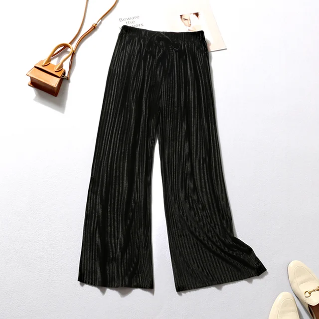 Spring/summer 2021 new ice silk chiffon pleated pants women high waist drop feeling loose-fitting lantern pant thin casual pants Wide legs--black