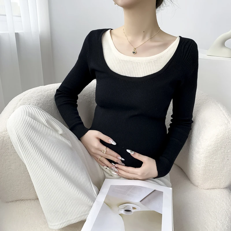 Korean Style Pregnancy Sweater Long Sleeve O-neck Block Color Patchwork Maternity Knitted Pullovers Fashion Faux Twp Pieces Top