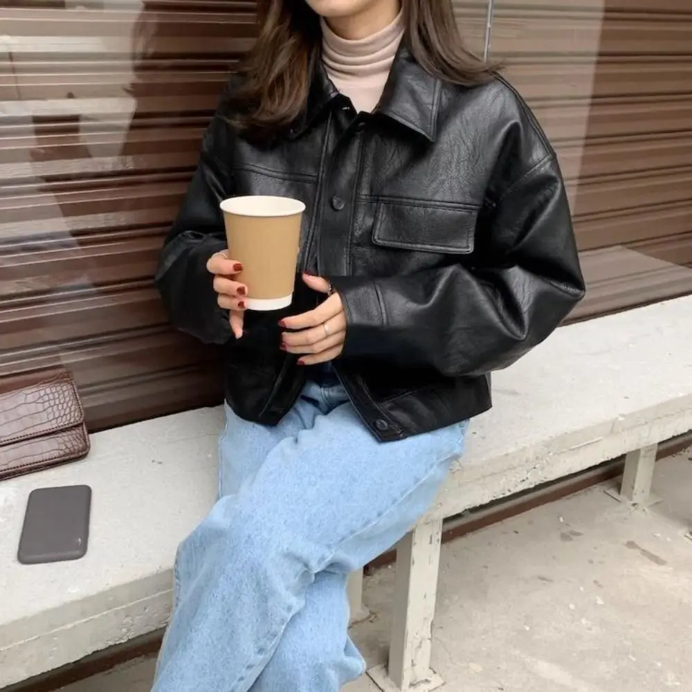Y2k Lapel Collar Leather Jacket Women Korean Chic Retro Vintage PU Coats Outerwear Zipper Overcoat Streetwear