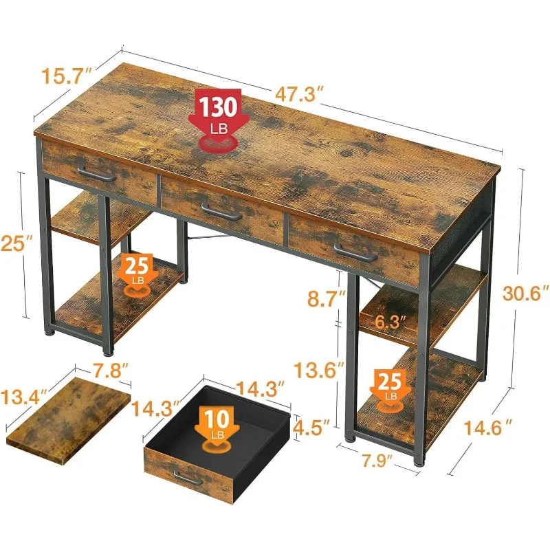 Office Small Computer Desk: Home Table with Fabric Drawers & Storage Shelves, Modern Writing Desk