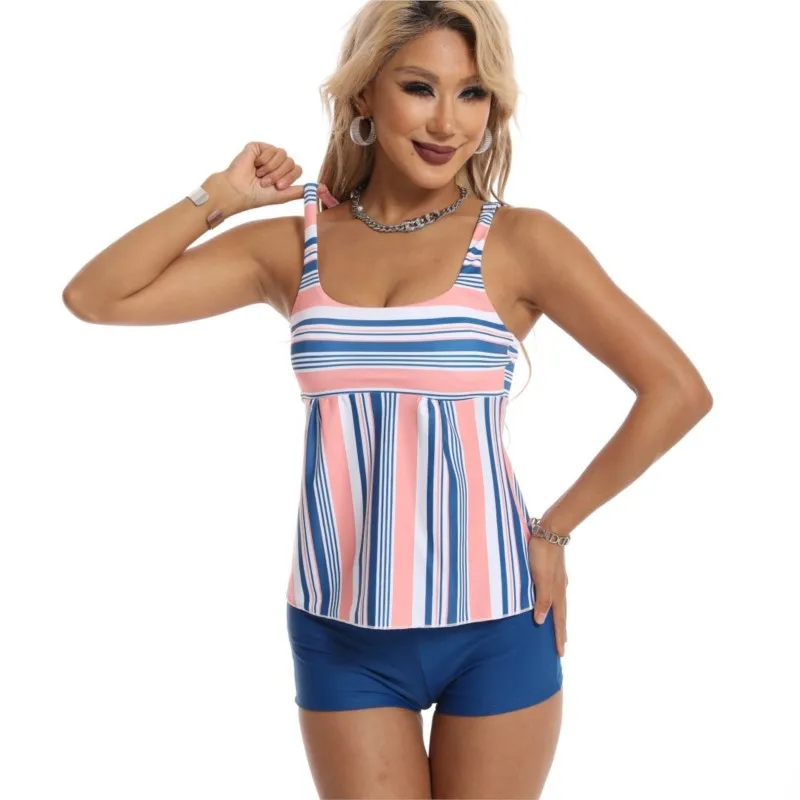 2 Piece Sets Women Outfit Shorts Set Sexy Beach Swimsuit Fashion Striped Printed Belly Covering Slim Boxer Swimsuit Set Summer [fila]women active square boxer briefs