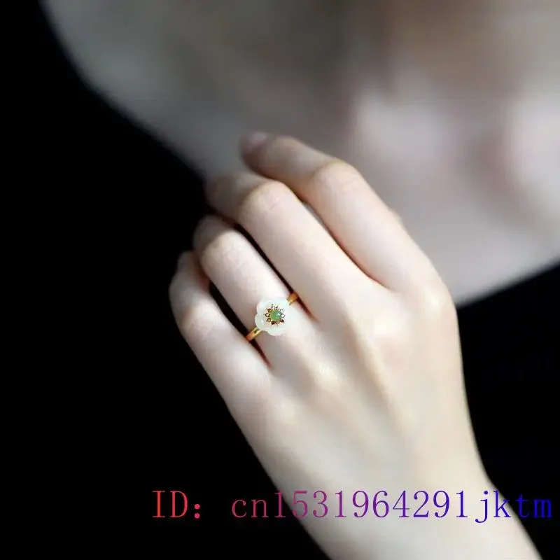 White Jade Flower Rings Real Charm Jewelry 925 Silver Adjustable Ring Women Carved Natural Charms Gift Amulet Talismans