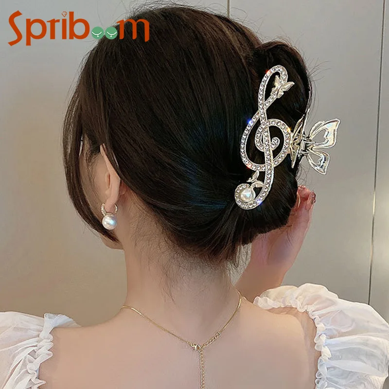 Korean Rhinestone Note Hair Clip for Women Gold Color Butterfly Large Hair Claw Clips Girls Elegant Fashion Hair Accessories