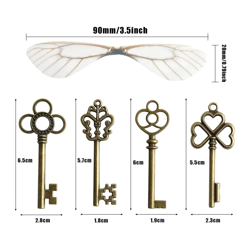 652F Vintage Antique Skeleton Keys Flying Charms with Dragonfly Wings and Line for Home Decoration DIY Jewelry Making |