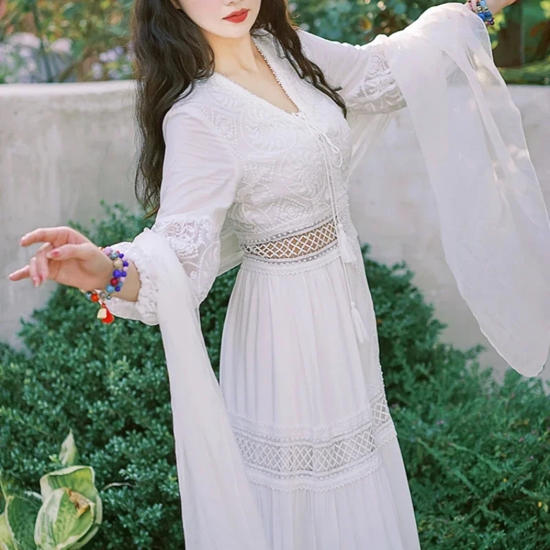 Bohemian White Beach Dress Women Elegant Party Dresses Spring Auutm V-neck Sexy Hollow Out High Waist Long Robe Vestidos