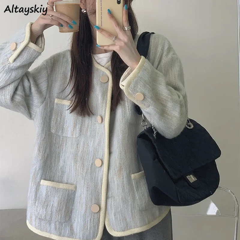 

Blend Wool Coat Women Autumn Winter Outside All-match Shaggy Tops Single Breasted Pockets O-neck Simple Korean Style Sweet Chic