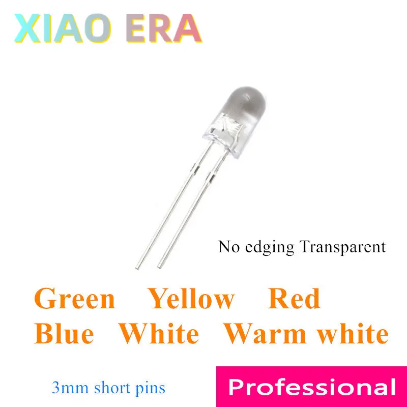 1000pcs No edging led 3MM Green Yellow Red Blue White Warm white White Transparent Short pins For Mechanical keyboar