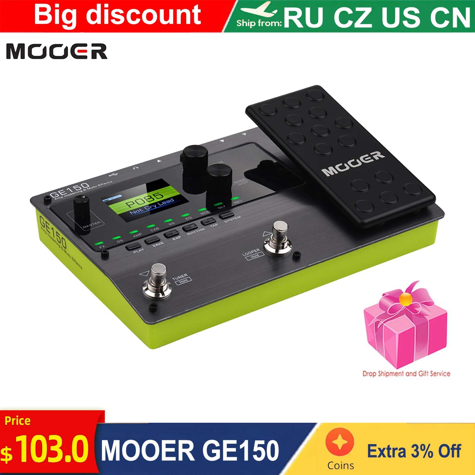 MOOER Pedal looper para guitarra GE150, multiefecto, 55 modelos de