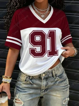 2025 American style Women BUMBER 91  Print Lightweight Breathable V-Neck Short Sleeved baseball T-Shirt Women Jersey T-Shirt 1