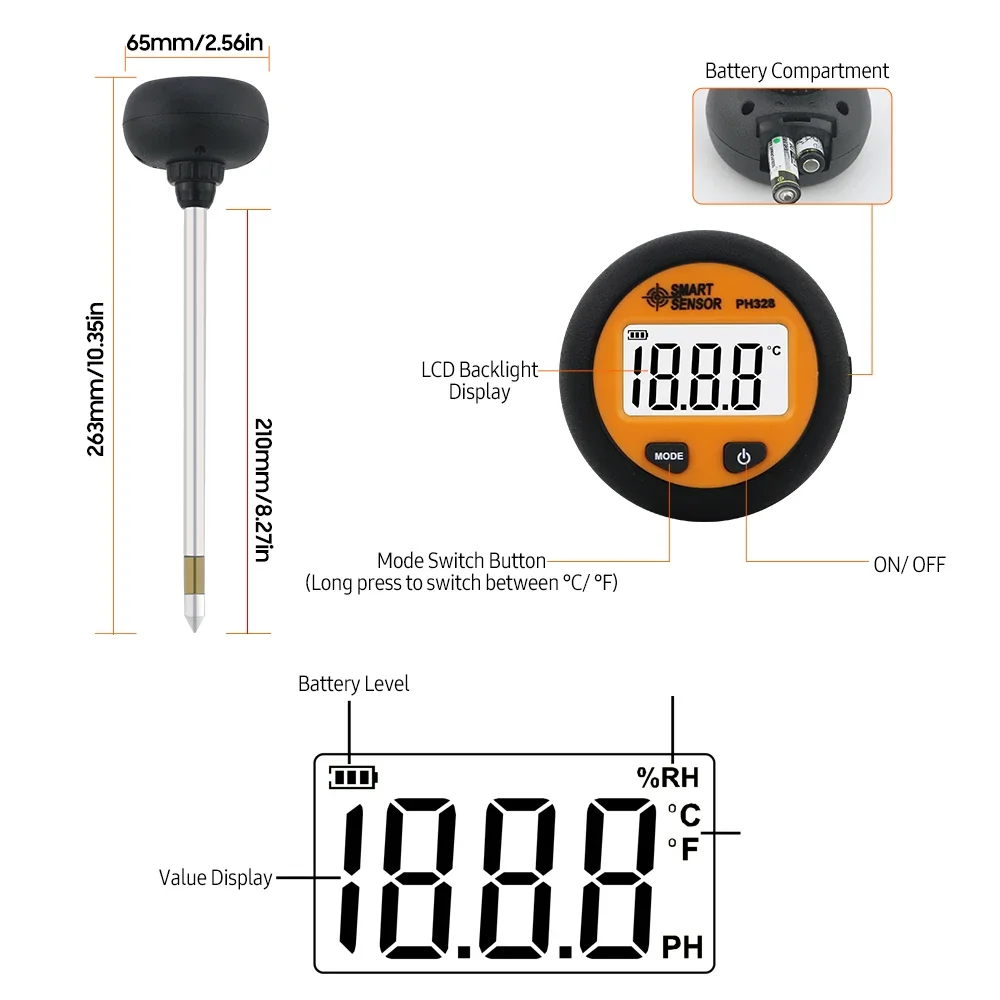 SMART SENSOR PH328 Digital Backlight Soil Tester 3 in1 pH/ Moisture/ Temperature