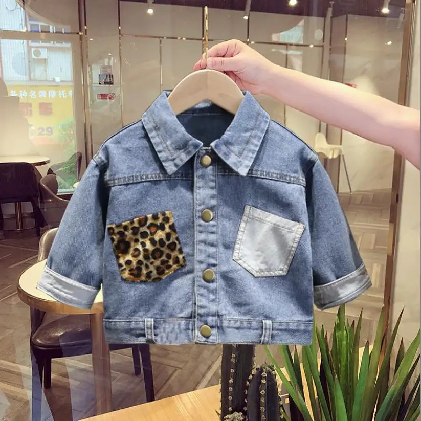 

Baby Girl And Boys Denim Jacket Spring Autumn New Fashion Leopard Print Pockets Outerwear Kids Long Sleeve Cowboy Coats Wz1201