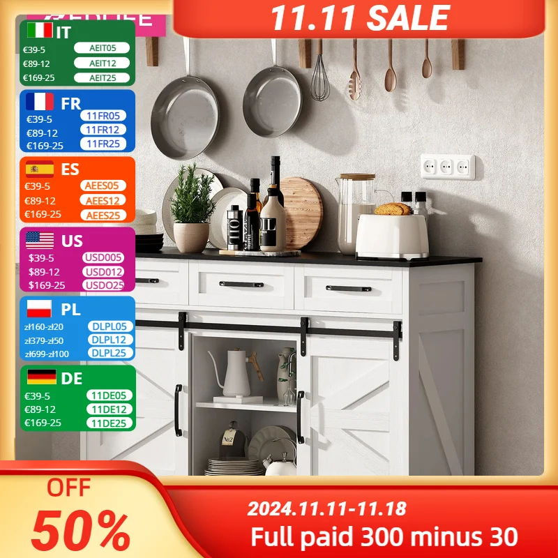 Redlife Sideboard Buffet Cabinet 53.5'' Coffee Bar Storage Cabinet w/ Adjustable Shelves Sliding Doors for Dinning Room Kitchen