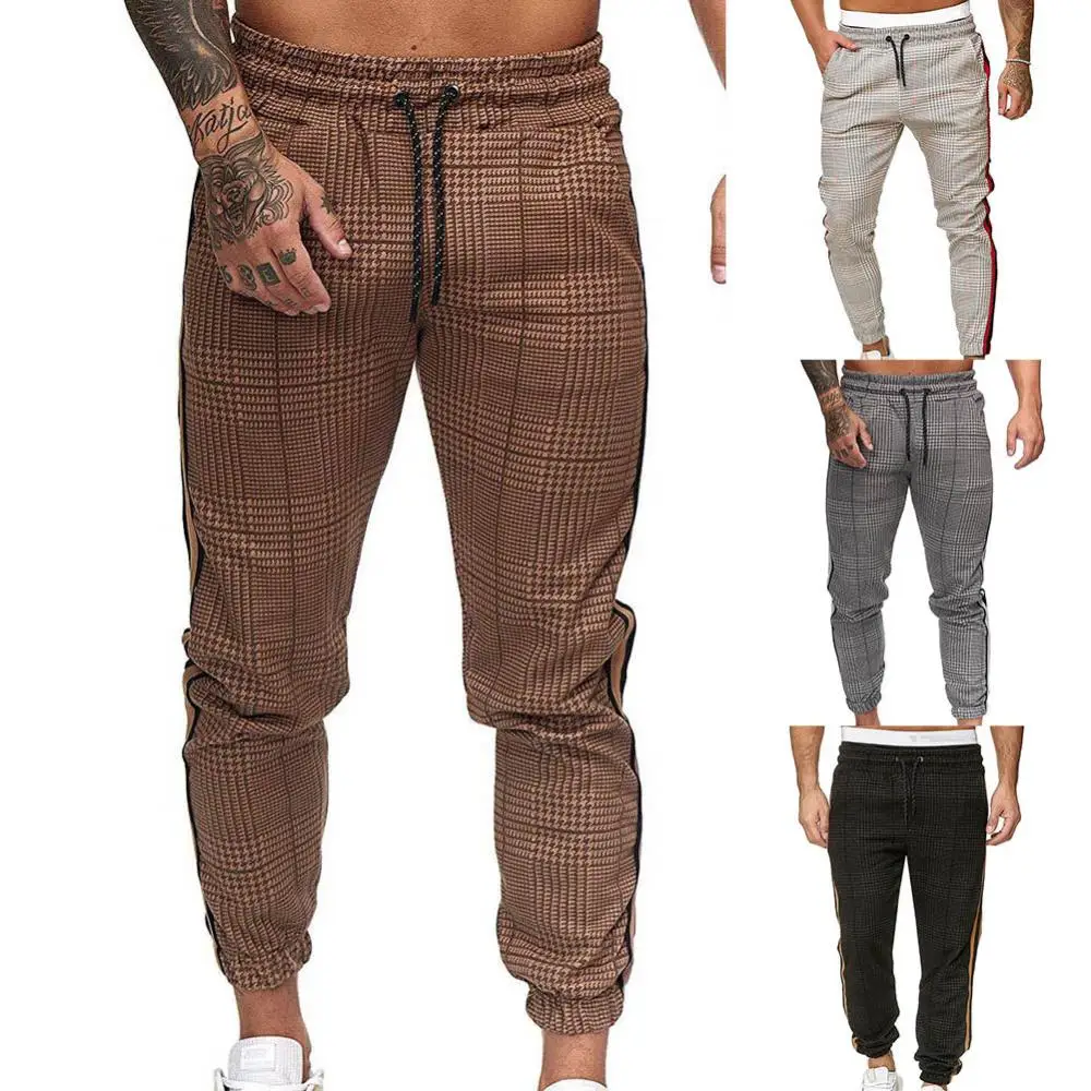Pocket Long Pants Men Long Pants Drawstring Casual Stripe Plaid Print Pants Ankle-Tied Trousers