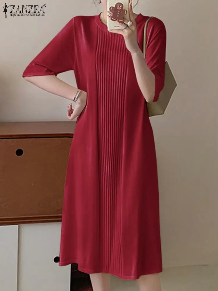 

Платье ZANZEA женское средней длины, элегантное офисное Плиссированное длинное повседневное свободное однотонное с рукавом до локтя, лето 2024