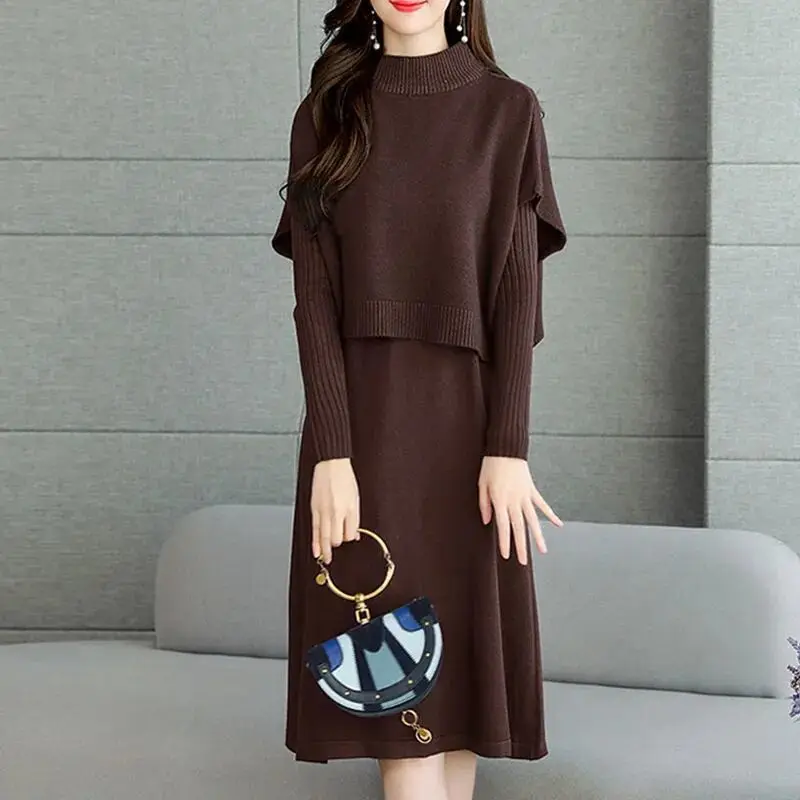 

VANOVICH Korean Style Loose Pullover Turtleneck Vest Women's Autumn and Winter New Casual Slim Long A-line Dress Two-piece Sets