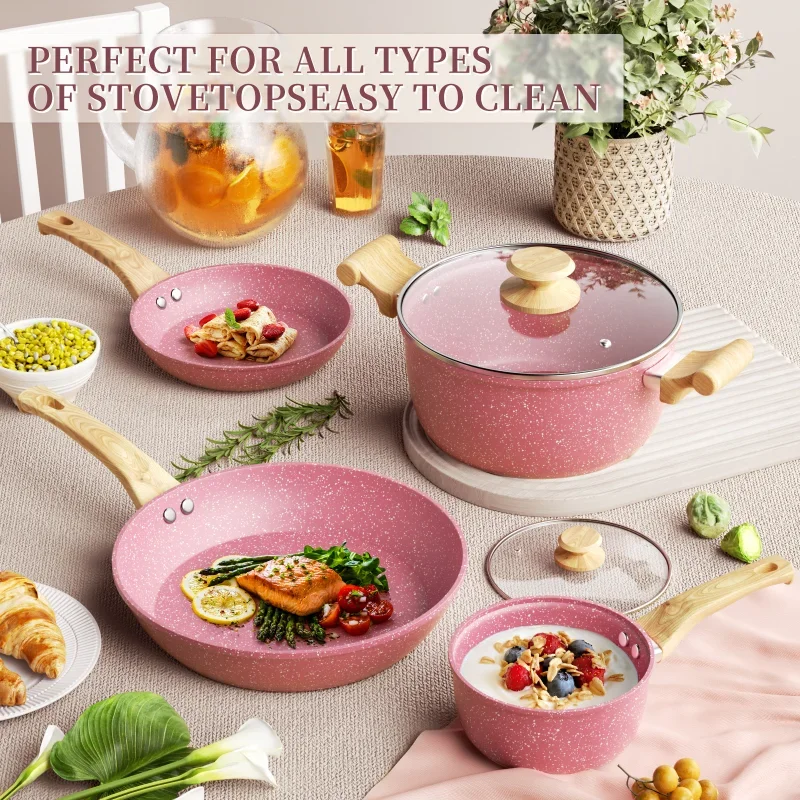 Non stick Cookware Set 8Pcs Frying Pan Stockpot Milk Pot Suitable All Stoves