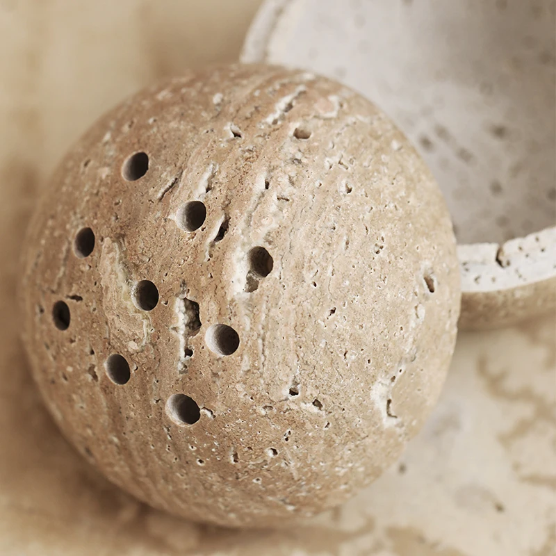 Bruciatore di incenso con sfera di travertino beige Decorazione per la casa Pietra di marmo naturale Ornamento rotondo religioso Bruciatore di incenso Decorazioni per la casa  15