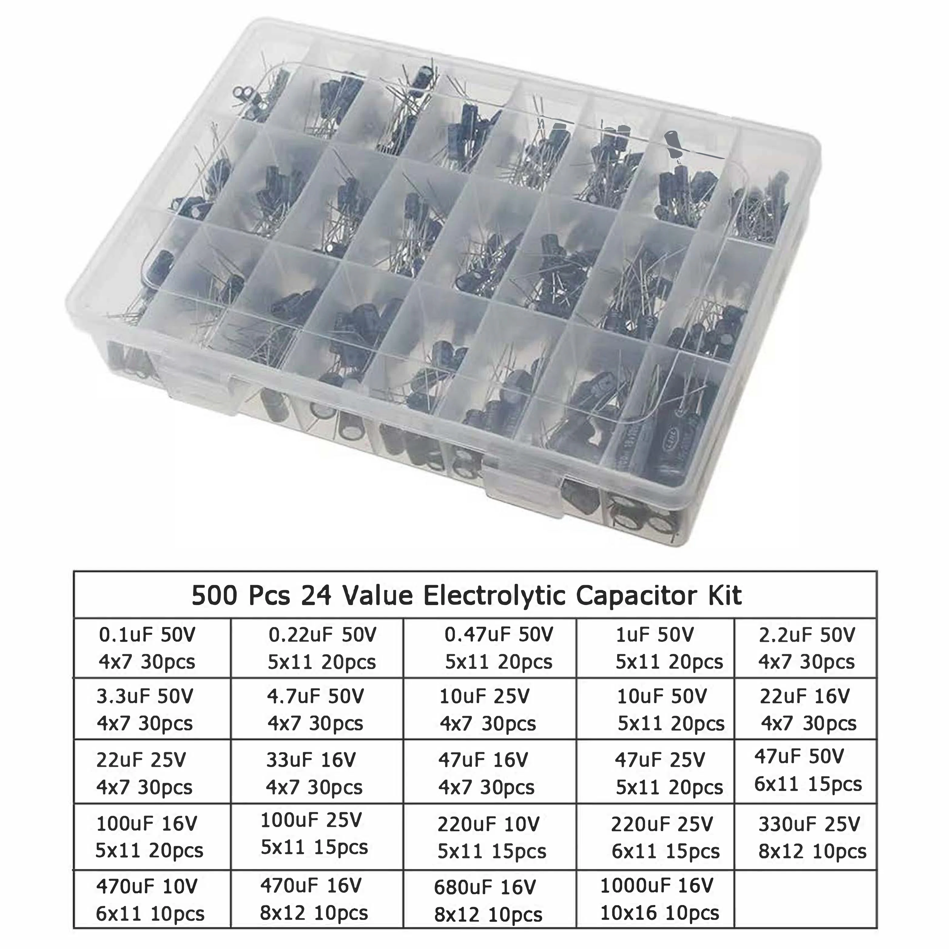 16V 25V 50V 0.1uF-1000uF Aluminum Electrolytic Capacitor Assorted Kit Box 1uF 4.7uF 10uF 47uF 220uF 330uF 470uF 120/200/500Pcs
