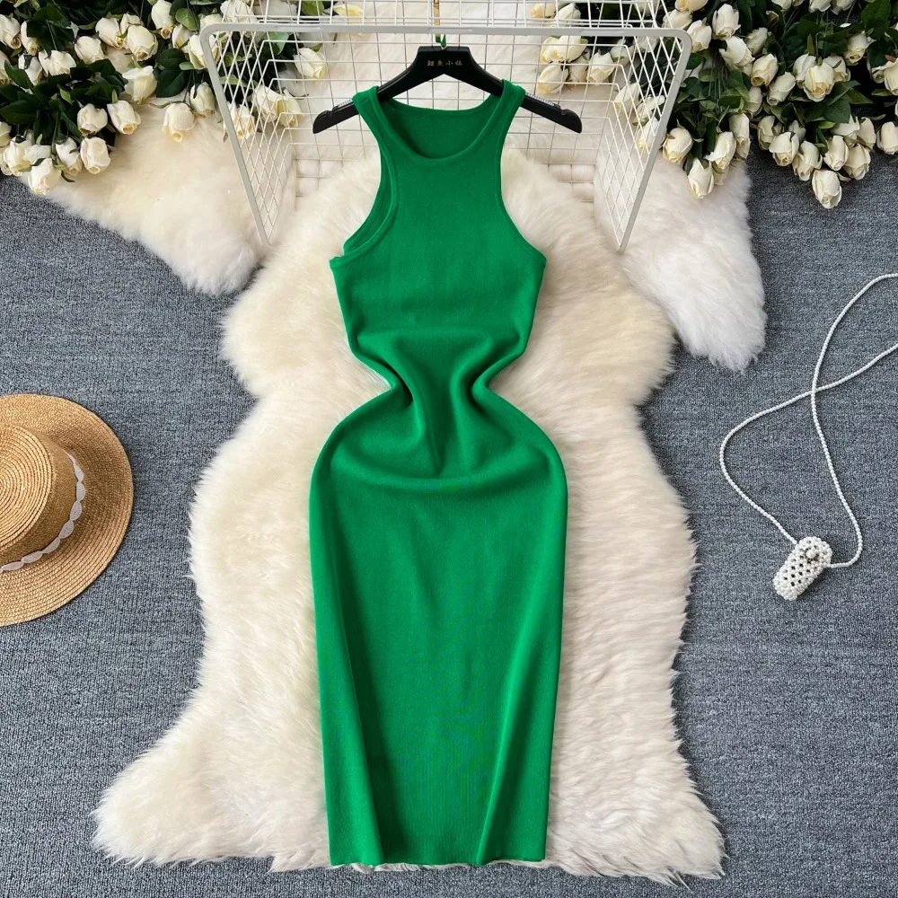 

Halter Sleeveless Basic Elastic Knit Bodycon Dress Sexy Chic Elegant Party Vestidos Women Summer Slim Women Dress