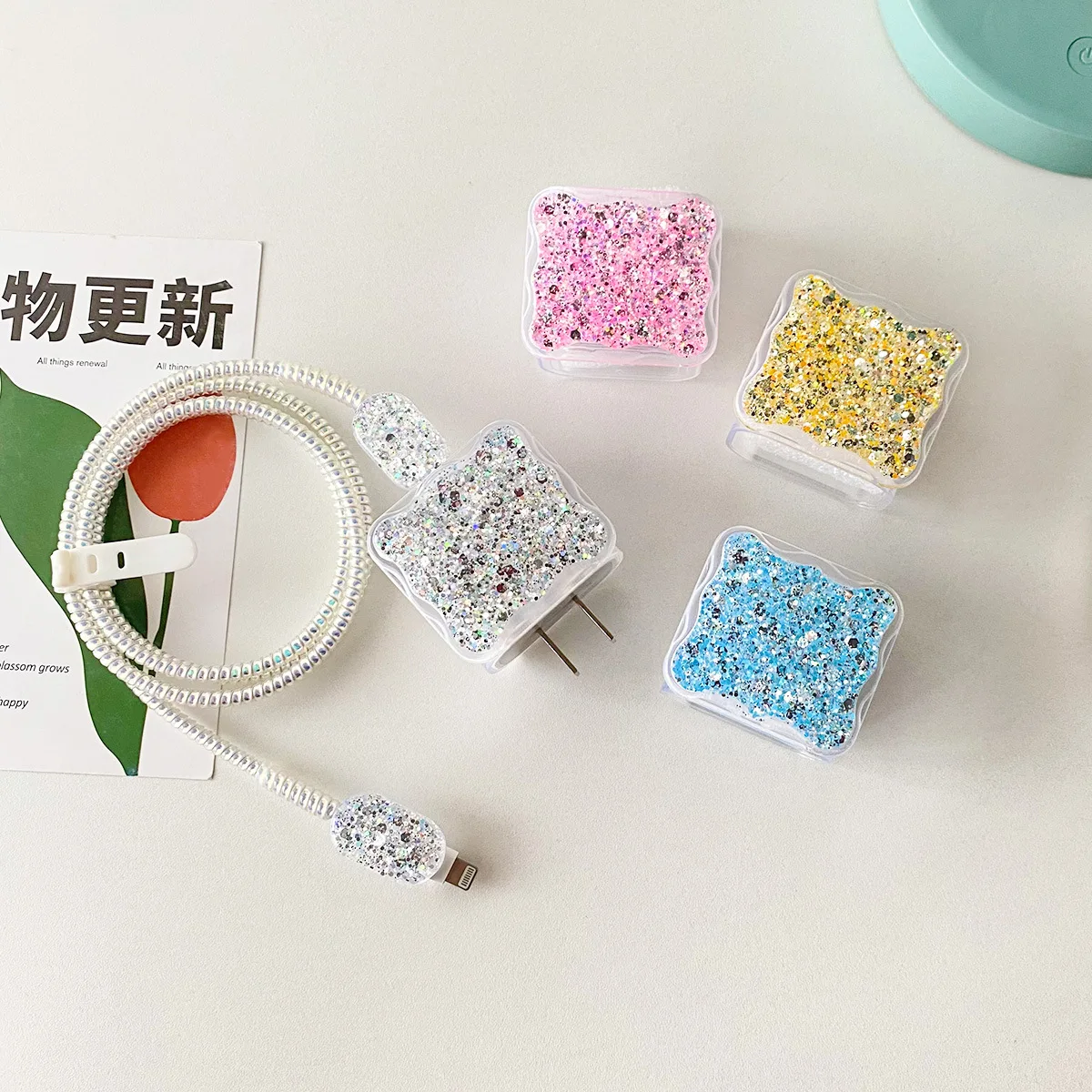Luxucy Glitter Shiny Case For iPhone18W/20W data cable protect cover For Apple 13/11/12 charging cable winding charger head case