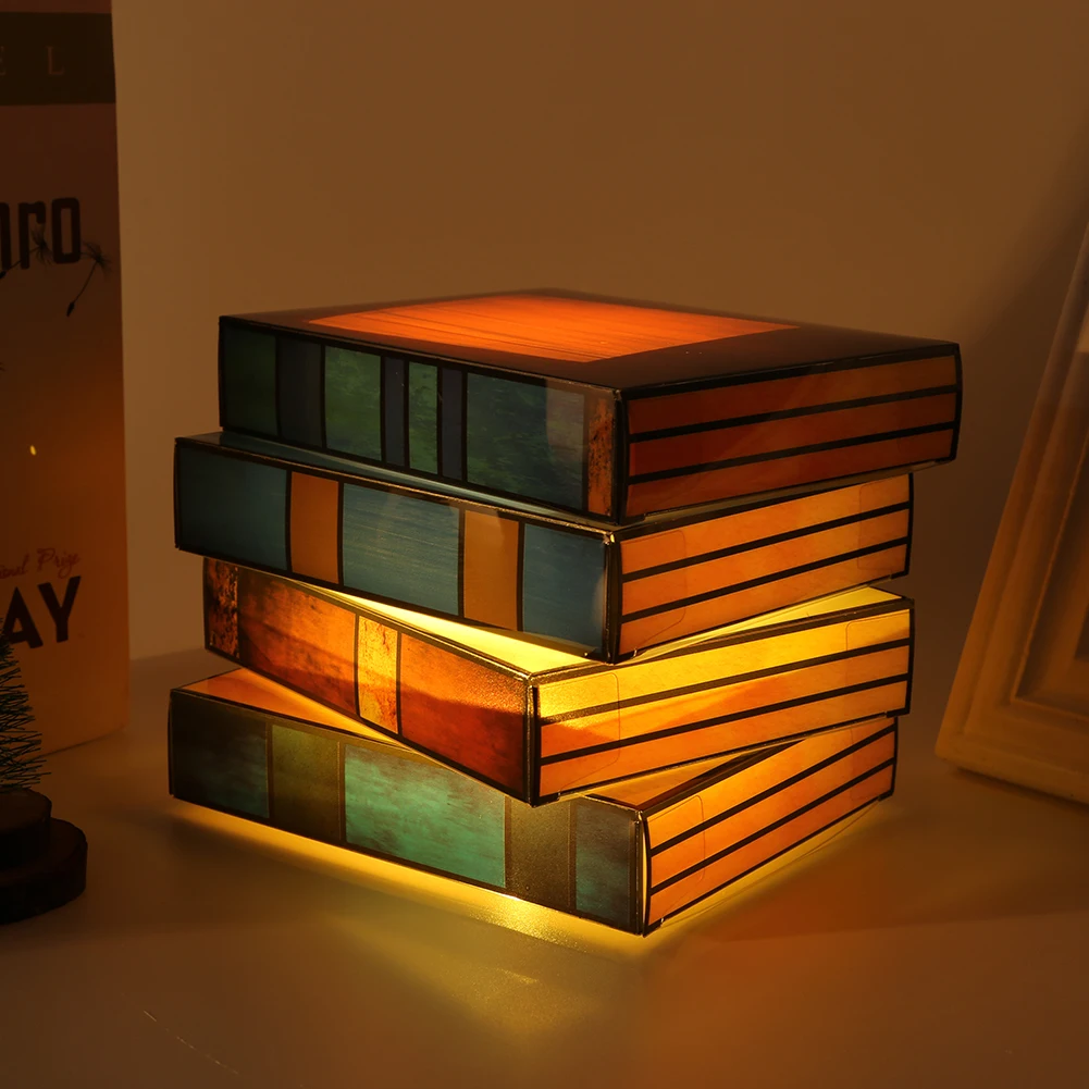 Stacked Books Lamp Nightstand Desk Lamps Resin Handicraft Stacked Books Light Stained Glass Table Desk Reading Light Decorative