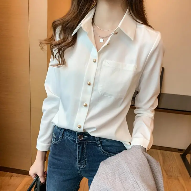 Fashion Lapel Button Solid Color Pockets Shirt Female Clothing 2022 Autumn New Casual Tops Loose All-match Office Lady Blouses