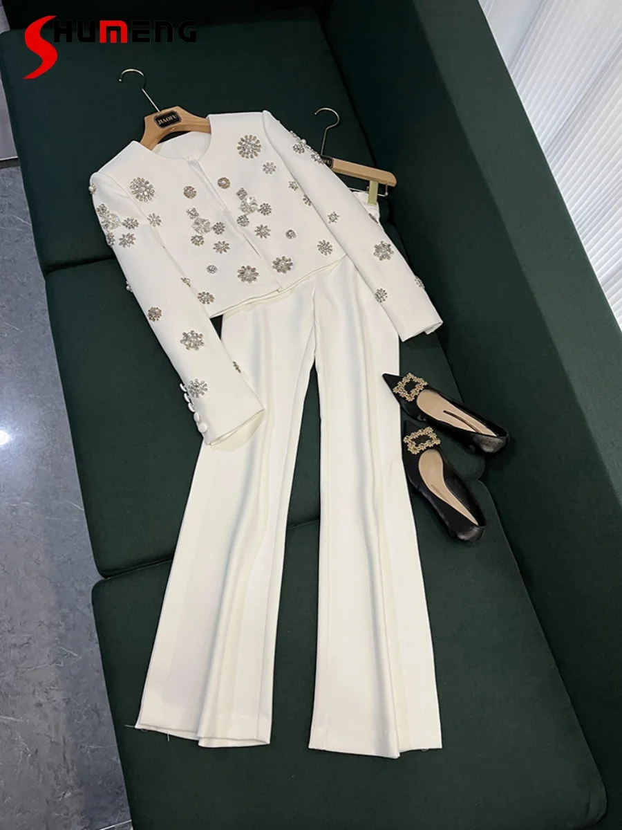 Spring 2024 Pant Sets Solid Color Round Neck Bead Long Sleeve Short Jacket Coat Loose Comfort Pants Suit Women's Two-Piece Set 2032 goldwing gl1800 gl1500 motocycles print summer men leisure and comfort new eight color short sleeved suit casual t shirt