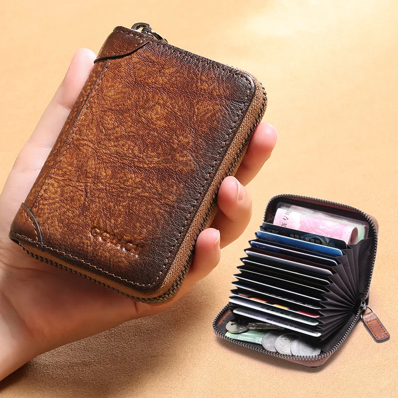 Rfid Genuine Leather Card Wallet Vintage Tan Leather Change Wallet Purse for Female Wallets with Card Holders Woman Purse