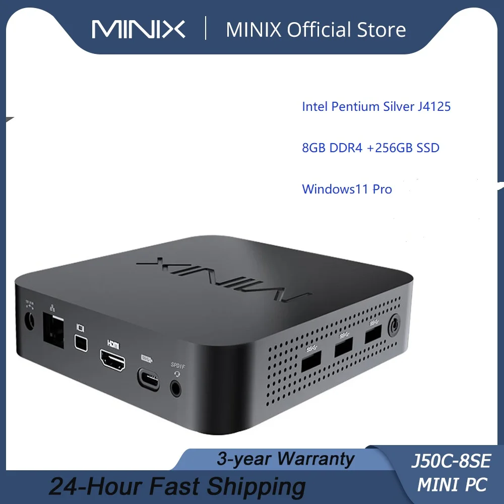 

MINIX NEO J50C-8SE Mini PC Official Windows11Pro Intel J4125 CPU Mini Computer 8GB DDR4 +256GB SSD (Upgradeable)