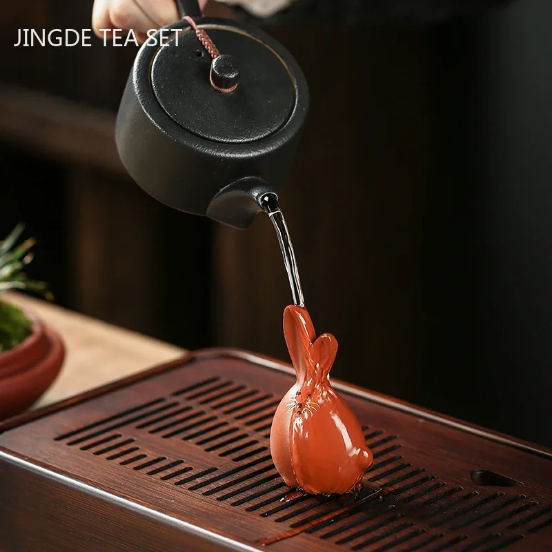 Cute Little Rabbit Sculpture Tea Pet Ornaments Purple Clay Tea Set Decoration Boutique Handmade Tea Figurine Decor Crafts