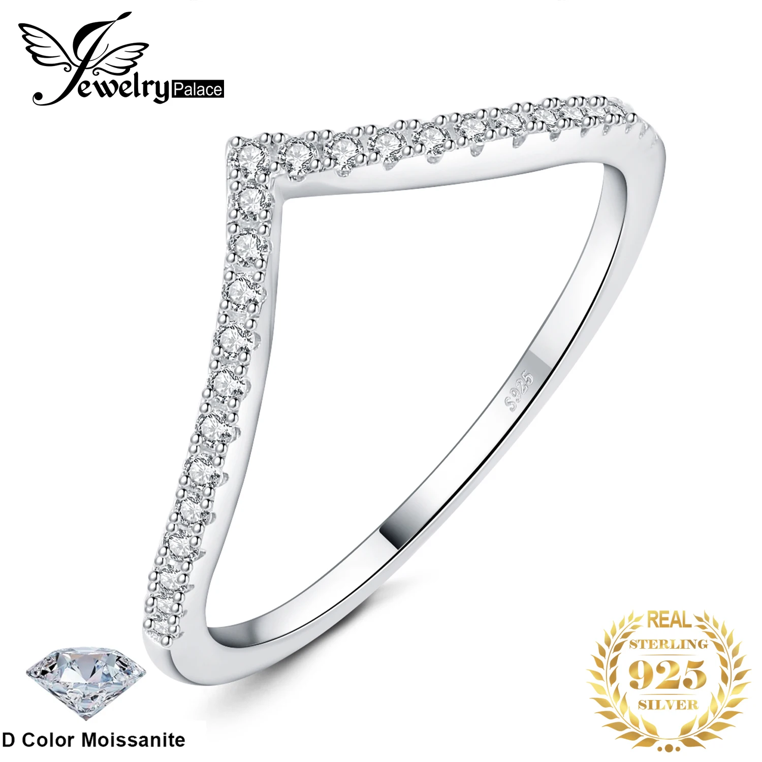 JewelryPalace مويسانيتي D اللون قطع مستديرة 925 فضة على شكل حرف V خاتم زفاف قابل للتكديس للمرأة مطلي بالذهب الوردي الأصفر