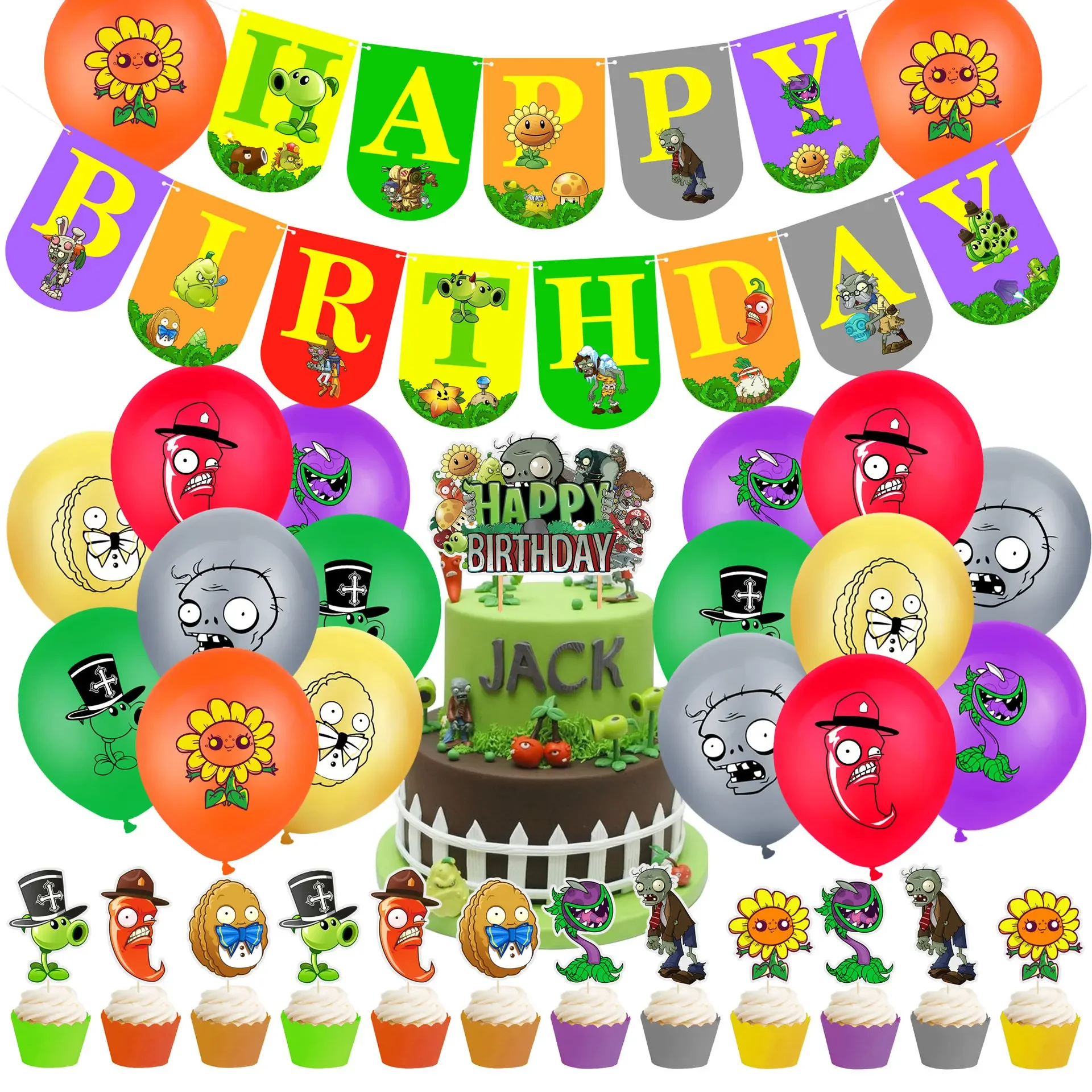 thumbnail image 1 of Globos de látex de aluminio con diseño de mineros y zombis plantados, juego temático PVZ, decoración para tartas, suministros para fiestas, pancartas de cumpleaños para niños, 1 of 5