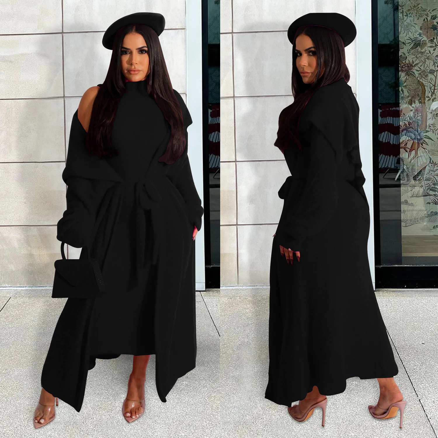 Fall&Winter Outfit Fashion Fuzzy Fluffy Sleeveless Dress+Cardigan Loose Long Coat Casual  Two Pieces Sets Women Elegant Suits