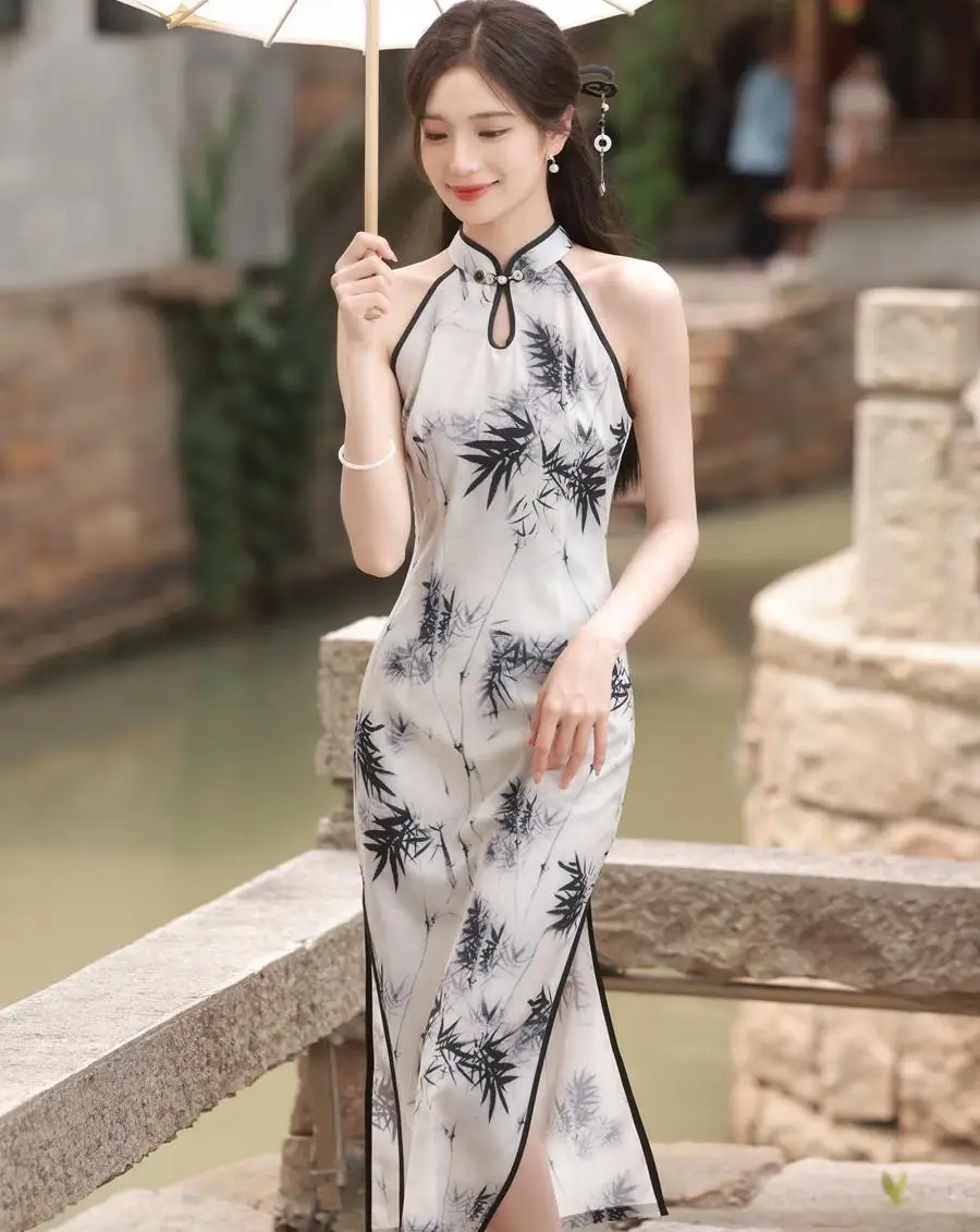 

Print Summer Long Cheongsam Vintage Chinese style Dress Women Rayon Qipao Sleeveless Slim Party Clothing Button Vestido