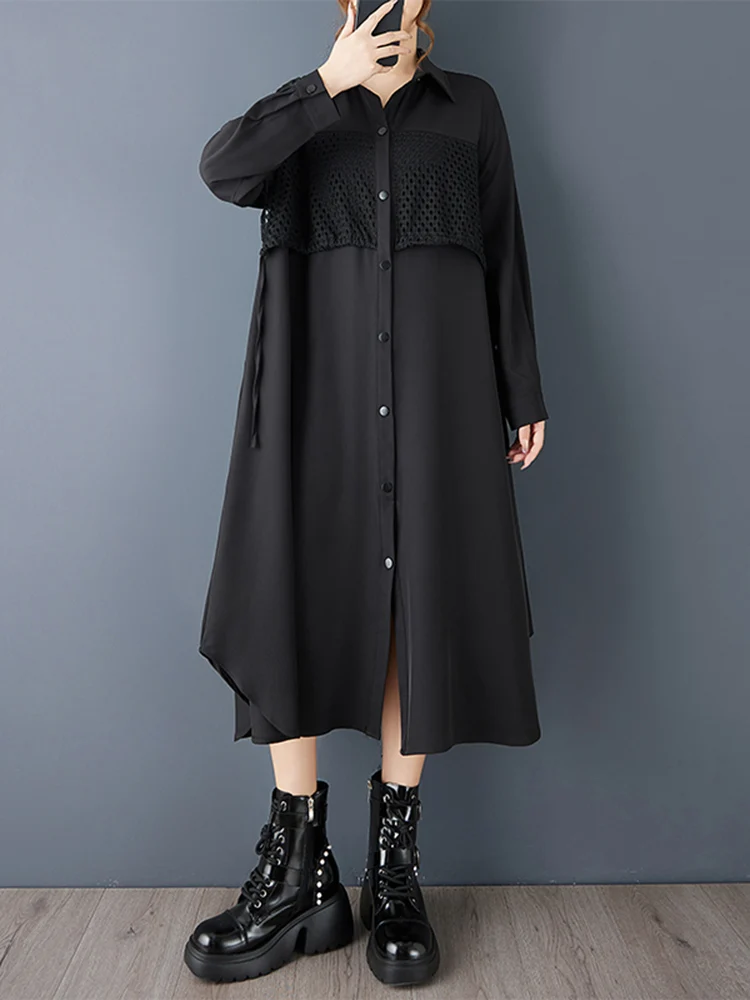 Oversized Patchwork Shirt Long Sleeve Dresses For Women New Loose Casual Vintage Midi Dress Elegant Clothing Spring Autumn 2025