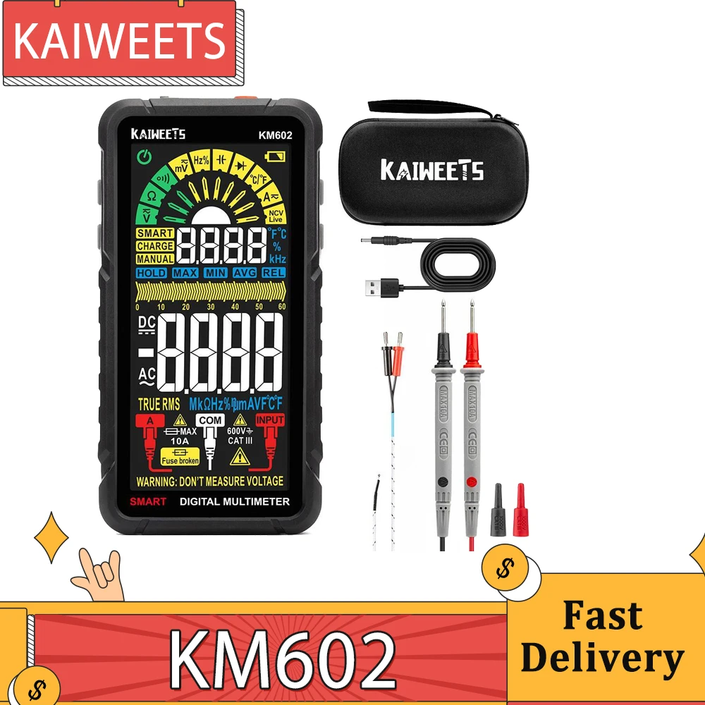 Kaiweets Km602 Multimetro Digitale 6000 Conteggi Misuratore True-Rms Modalità Intelligente Modalità Manuale 1200Mah Batteria Ricaricabile Torcia Auto