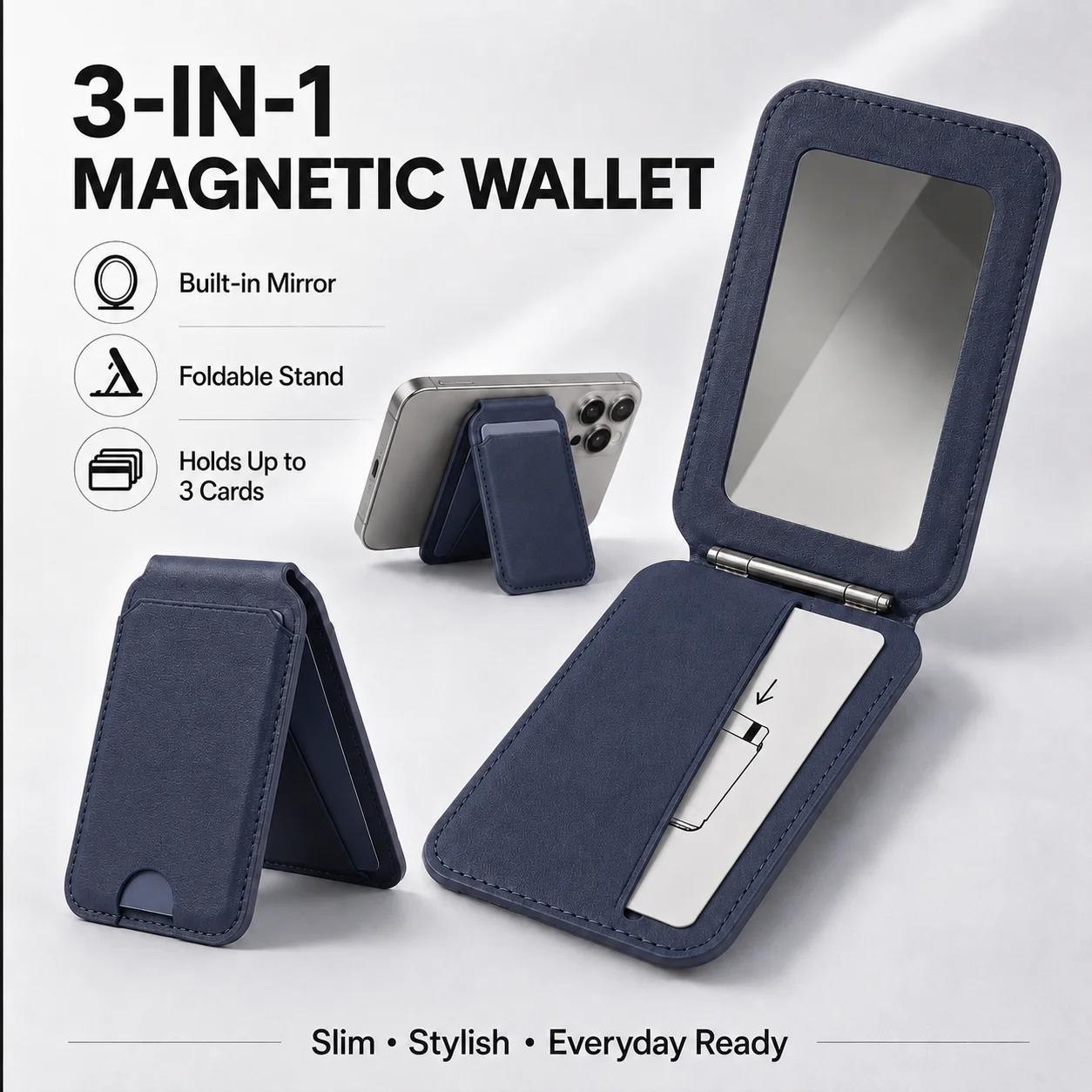 Sleek Leather Magnetic Phone Wallet with Mirror and Foldable Stand - Slim Card Holder