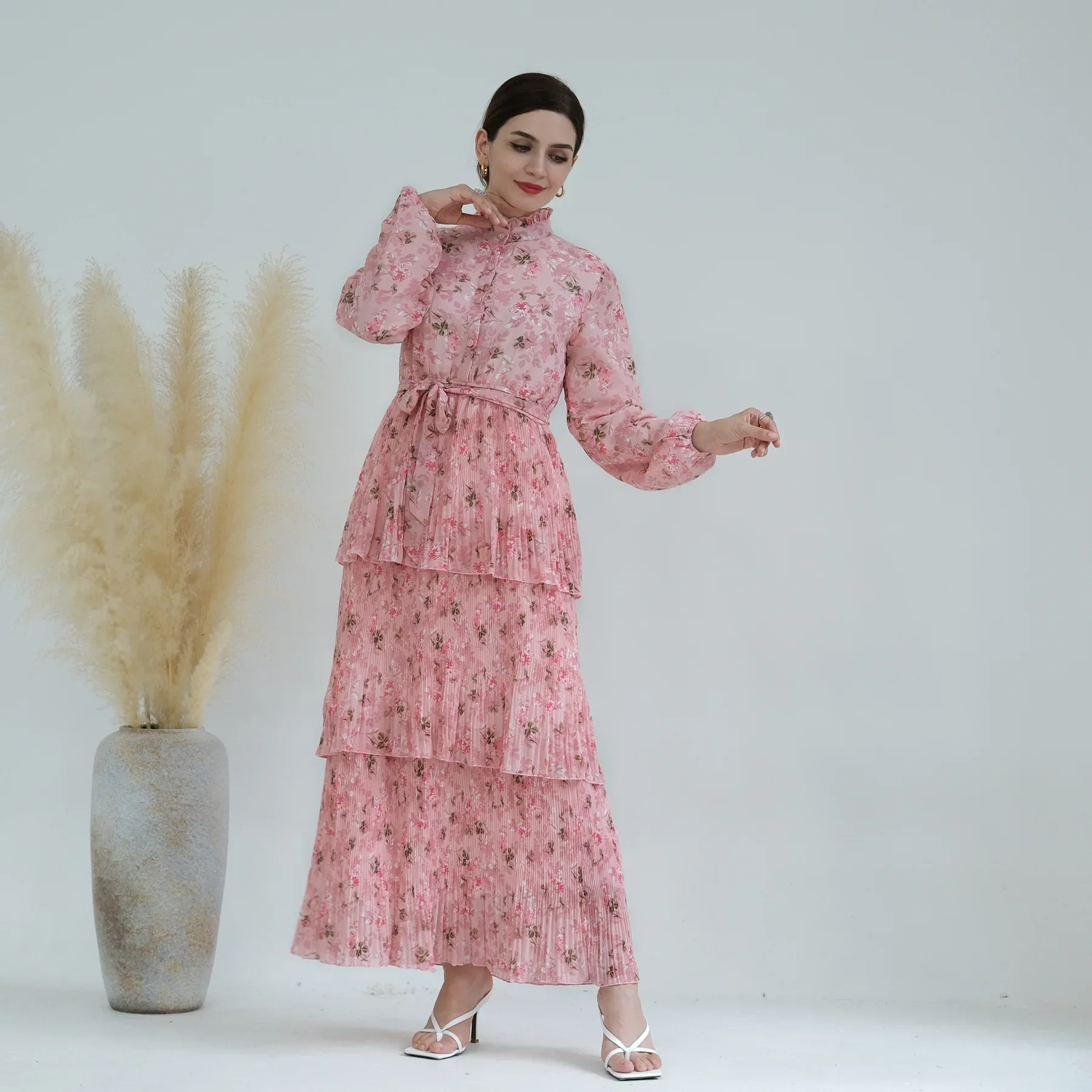 Chiffon Abaya Dubai Long Dress Muslim Islamic Floral Printed African Dresses for Women Modest Outfit Kaftan Robe Femme Musulmane