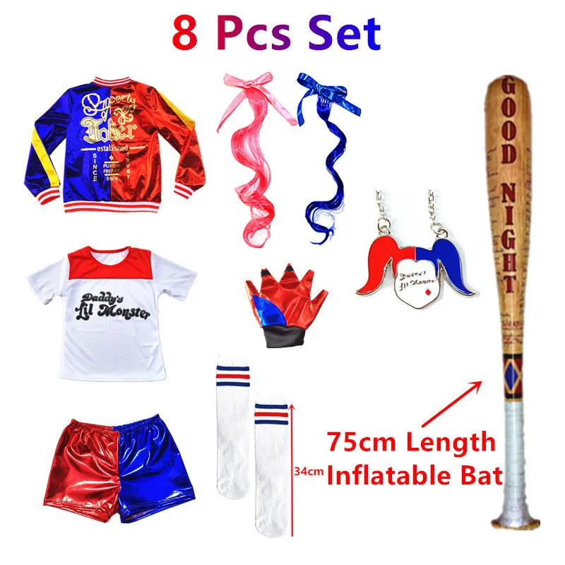 Cosplay Costume Harlee Quinzel Girls Clothing Joker Costume Party Suit Kids Hairband Stockings Sets Jacket T-shirt Fantasia Arlequina Adulta