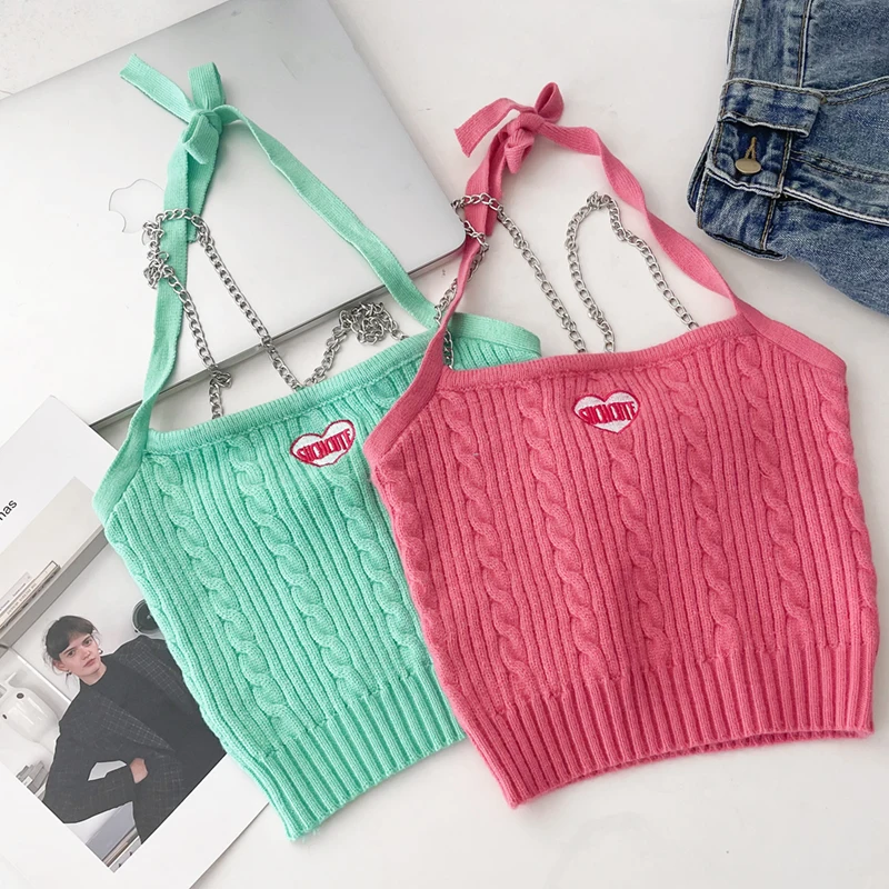 

Summer Vintage Love Embroidery Chain Knitted Hanging Neck Tank Top
