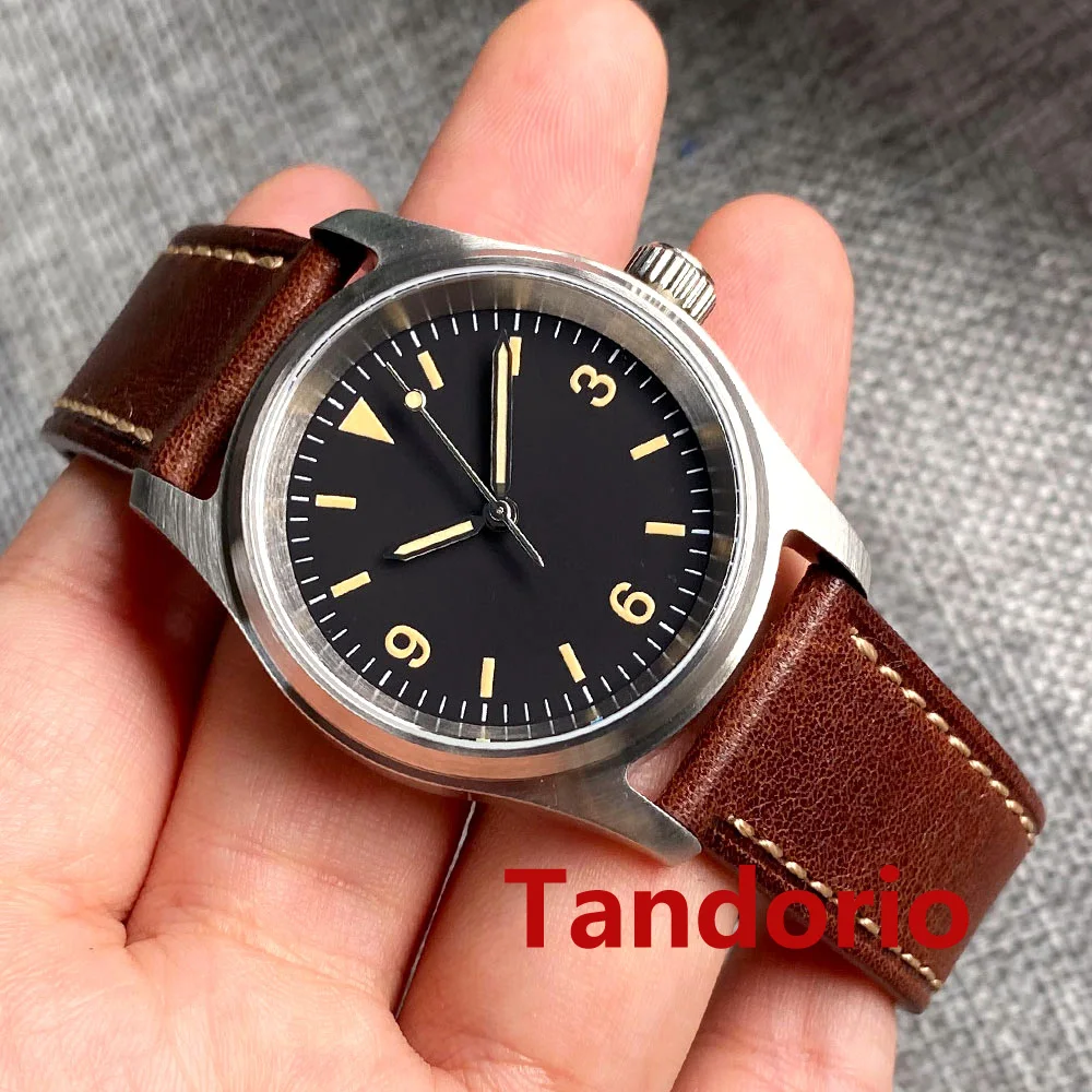 36mm Tandorio 20ATM Waterproof Pilot Sapphire Glass Black Sterile Dial NH35A PT5000 Movement Diver Men's Watch Luminous Leather