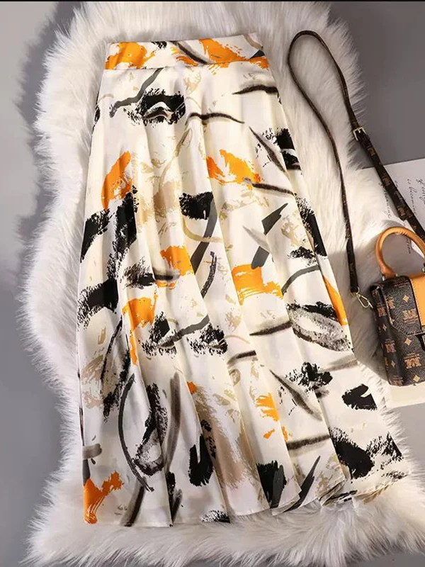 

New Feather Print Chiffon Women's A Line Skirt 2023 Summer Korean Style High Waist Mid-length Skirt for Women Umbrella Skirts