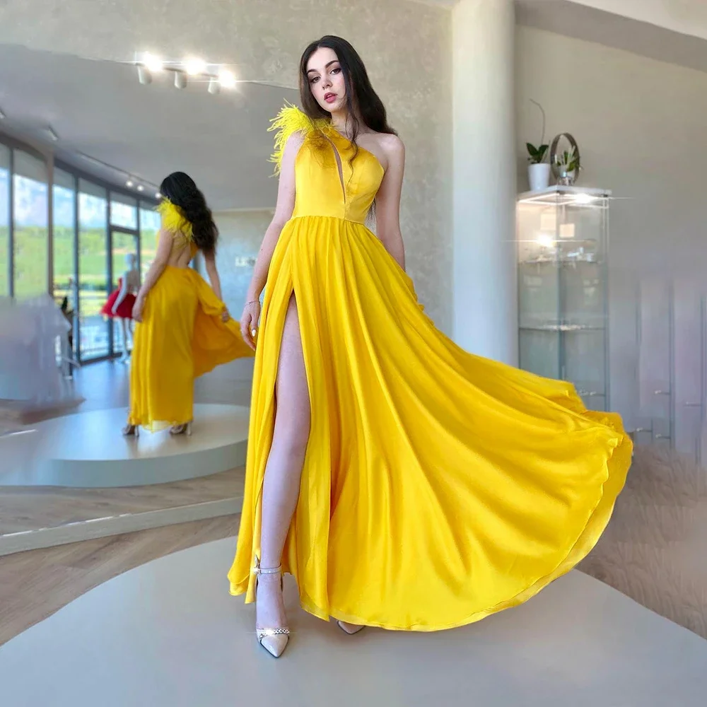 Yellow Satin Long A-line Luxury Fashion Elegant Women's Gown Ball Dress Formal Cocktail Party Formal Occasion Customization